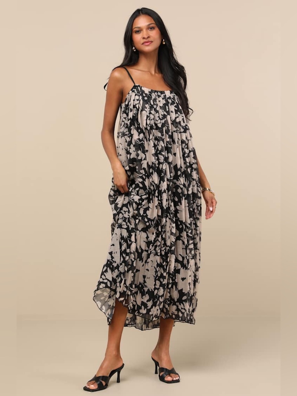 Lulus Fiorella Black Floral Pleated Shift Midi Dress Size S - NWT